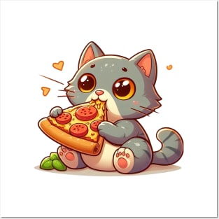 cute cat fat eat pizza slice cartoon illustration Posters and Art